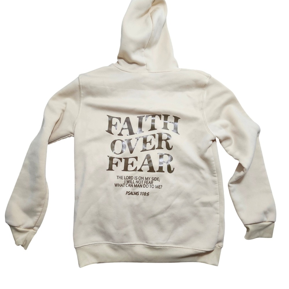 Faith Over Fear Christian Hoodie Cream Psalms 118:6 Religious Graphic Sweatshirt